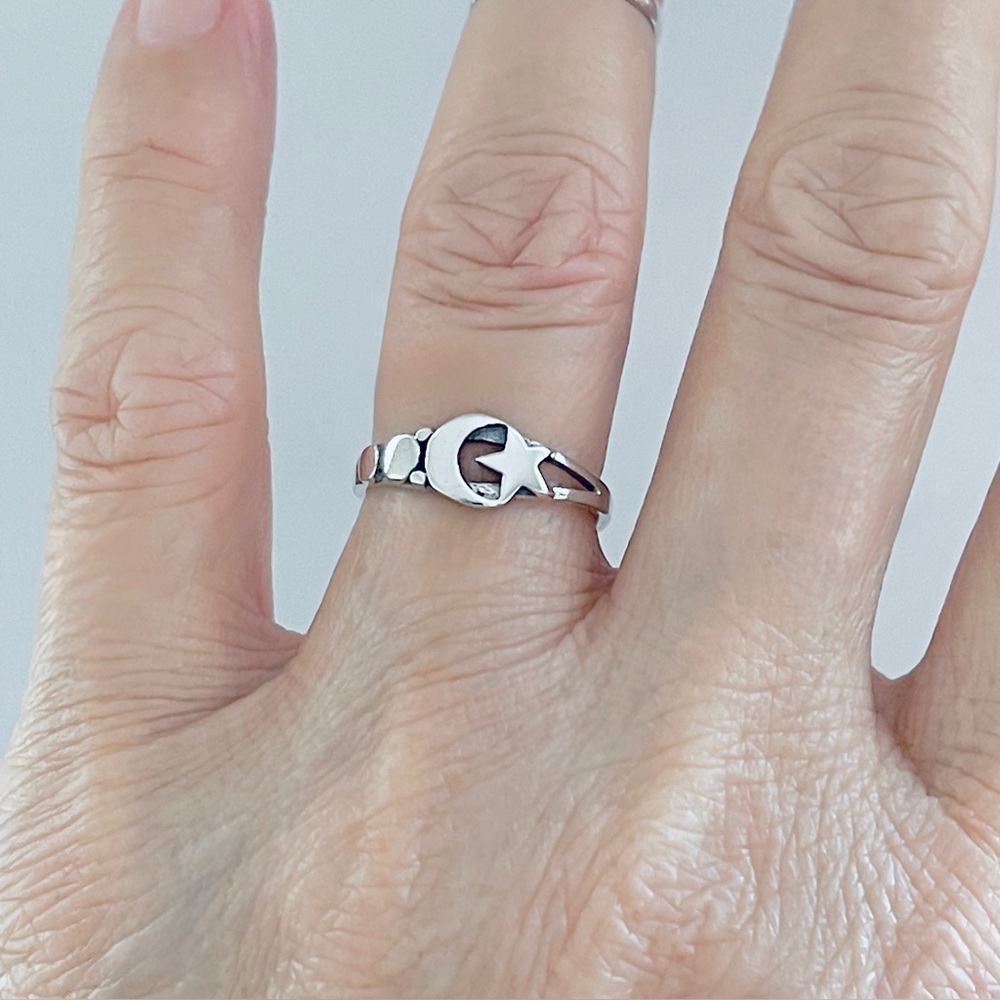 Sterling Silver Small Crescent Moon and Star Ring with Dots, Celestial Rings